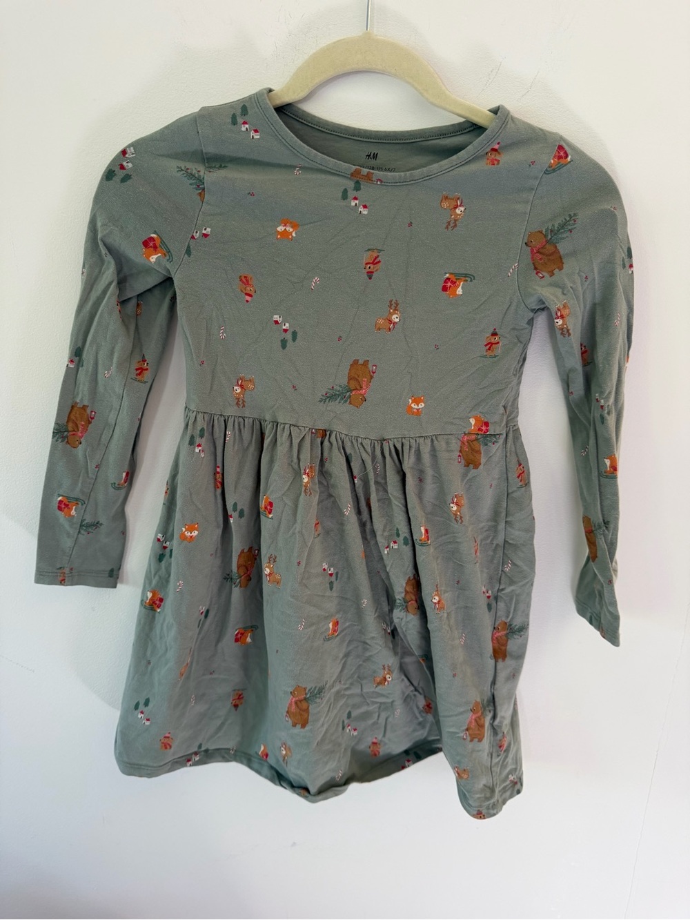 H&M Girls Sage Green Long Sleeve Dress with Forest animals holiday Prints